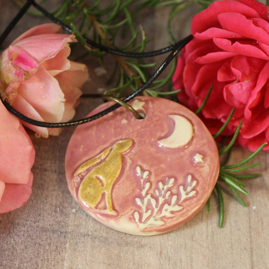 Ceramic Hare and Moon Pendant, circular pink