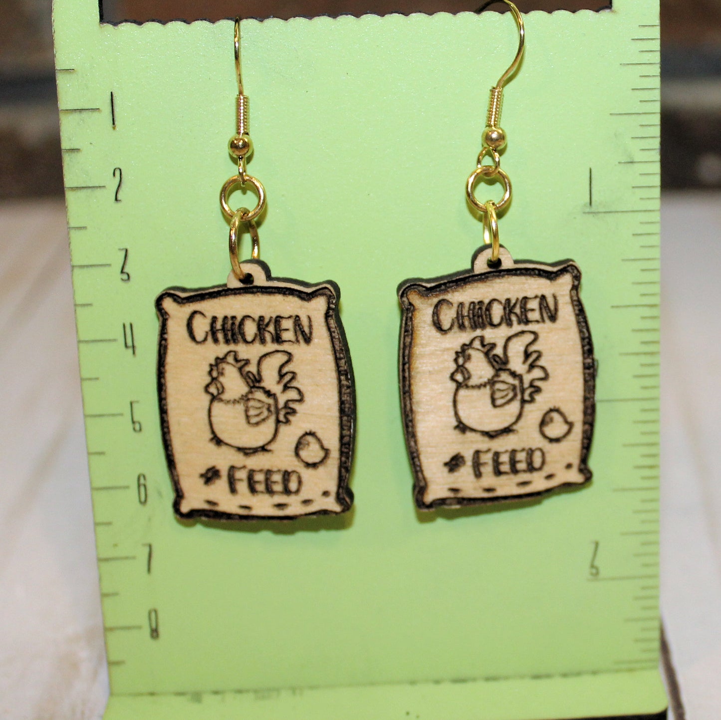 Chicken Feed Sack laser wood earrings