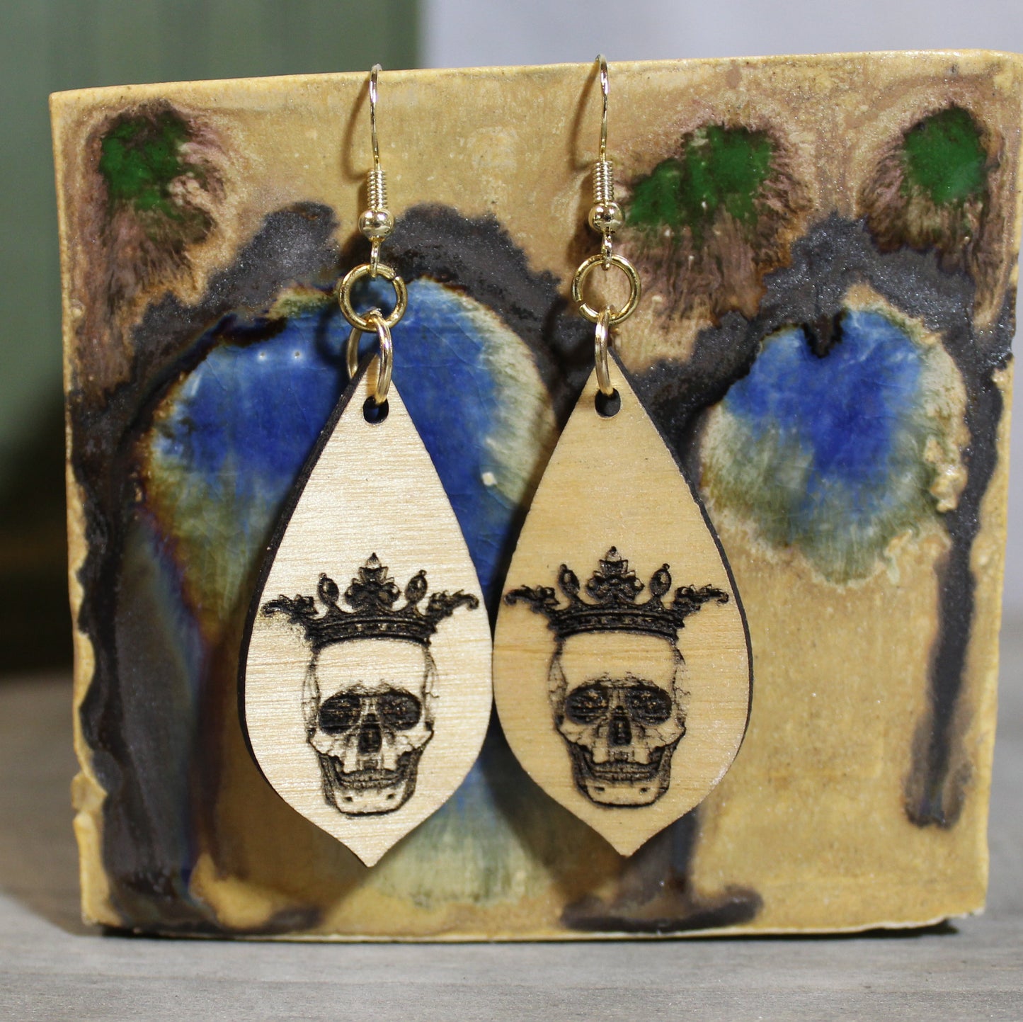 Crowned Skull Lasercut Wood Earrings