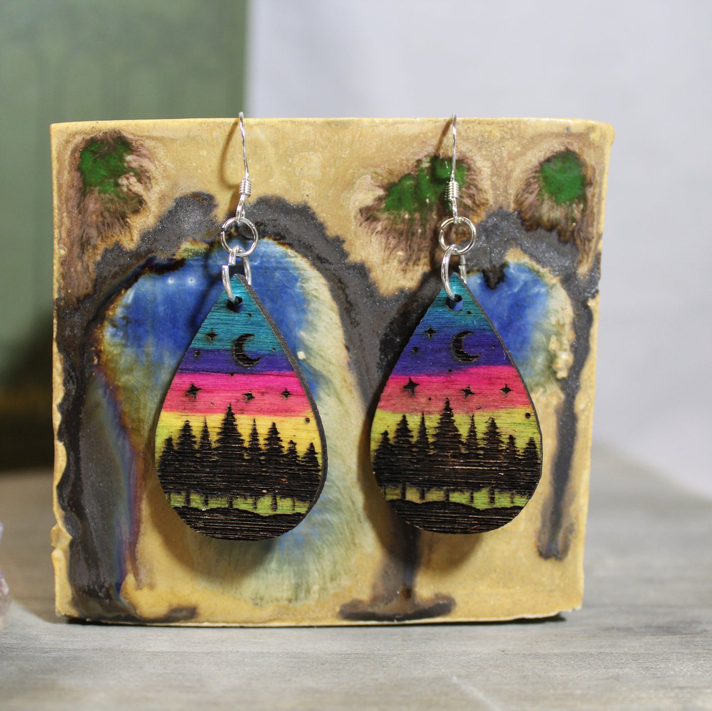 Moonlit Forest laser cut wood earrings