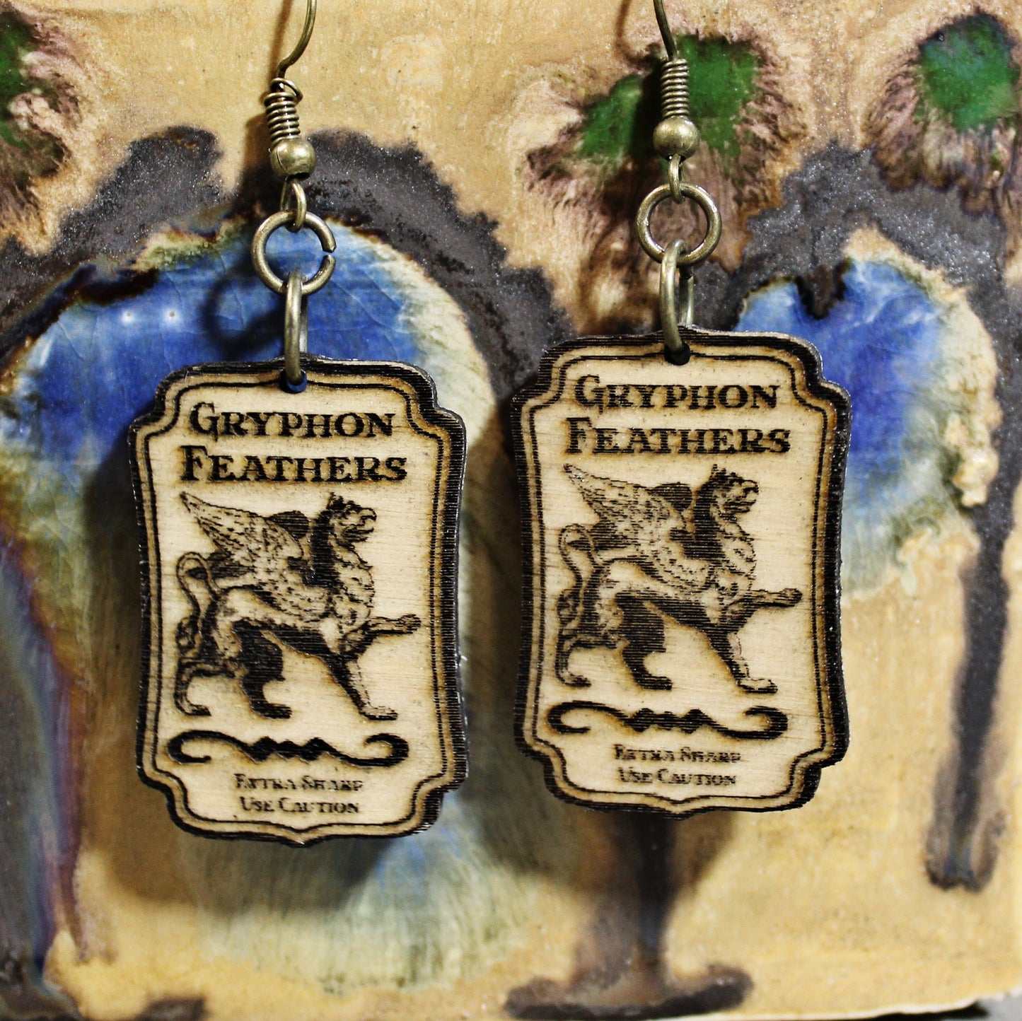 Gryphon Feathers Apothecary Label, laser cut wood earrings