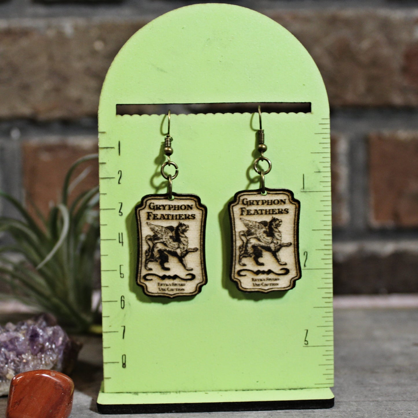 Gryphon Feathers Apothecary Label, laser cut wood earrings