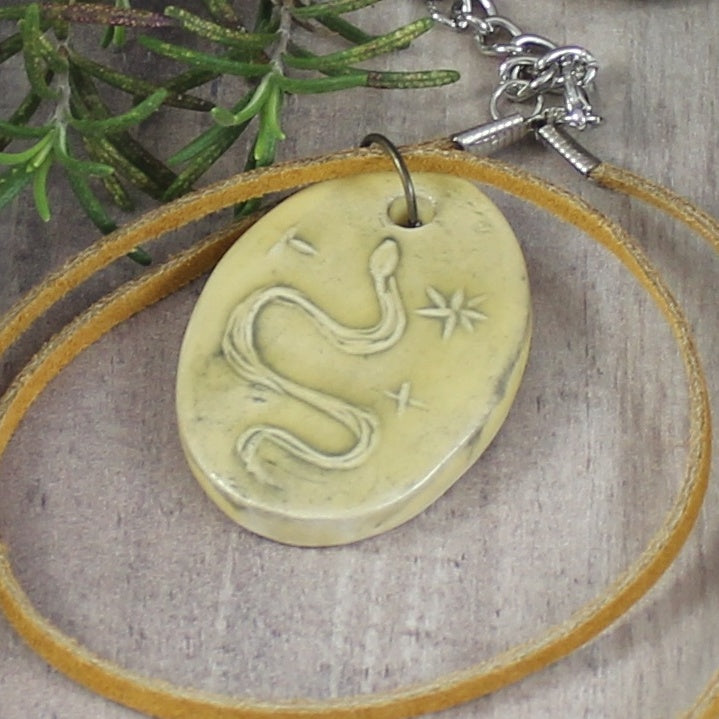 Snake Pendant ceramic on leather cord