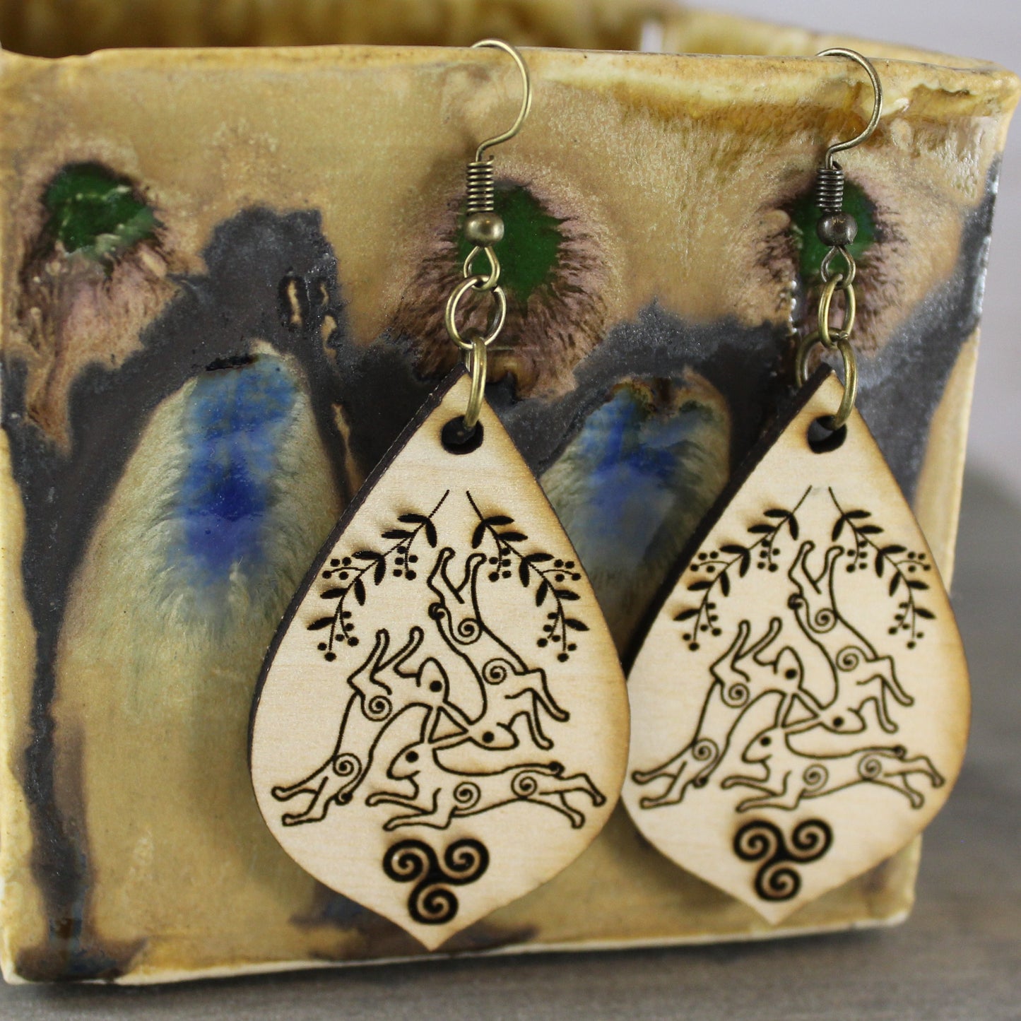 Three Hares Wooden Earring