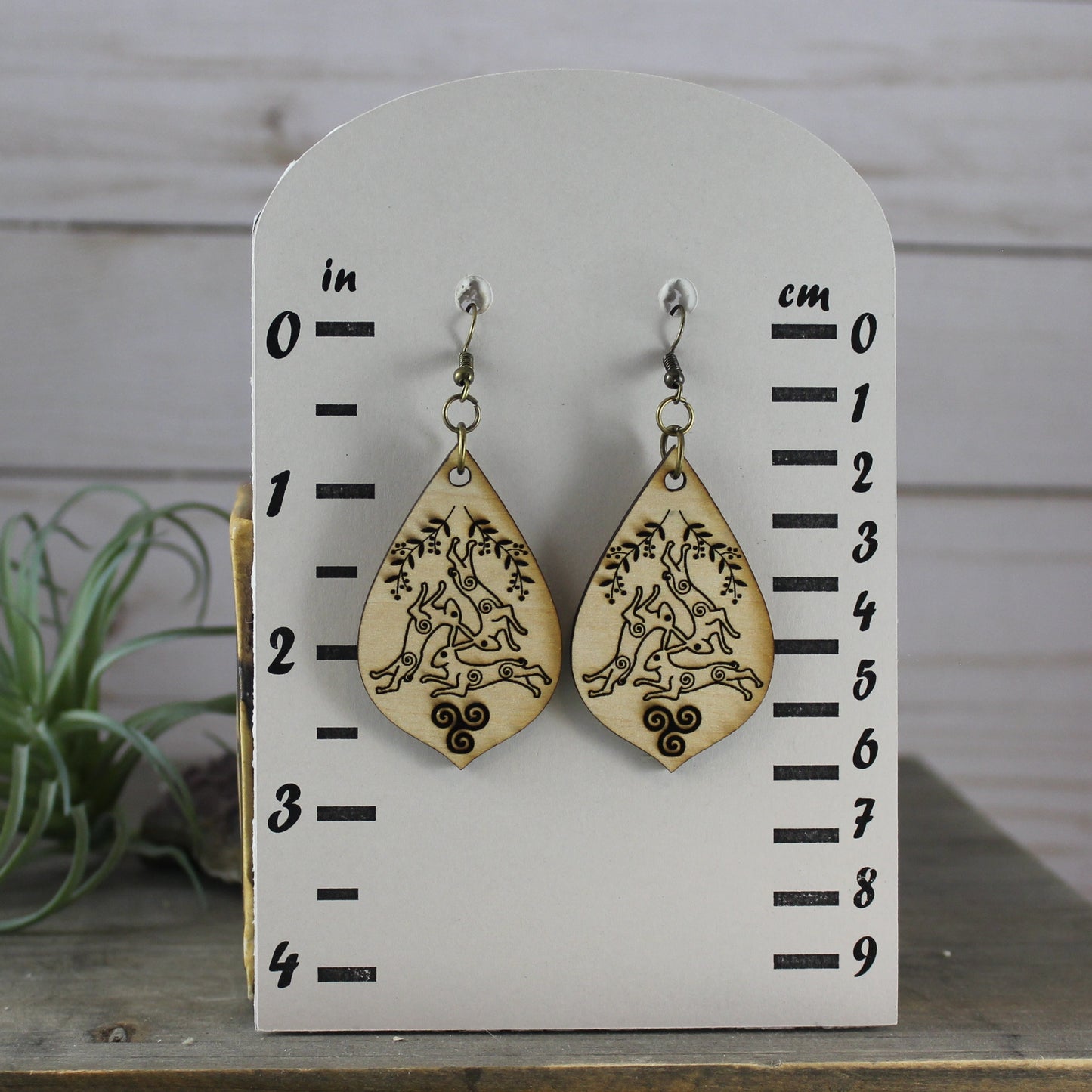 Three Hares Wooden Earring