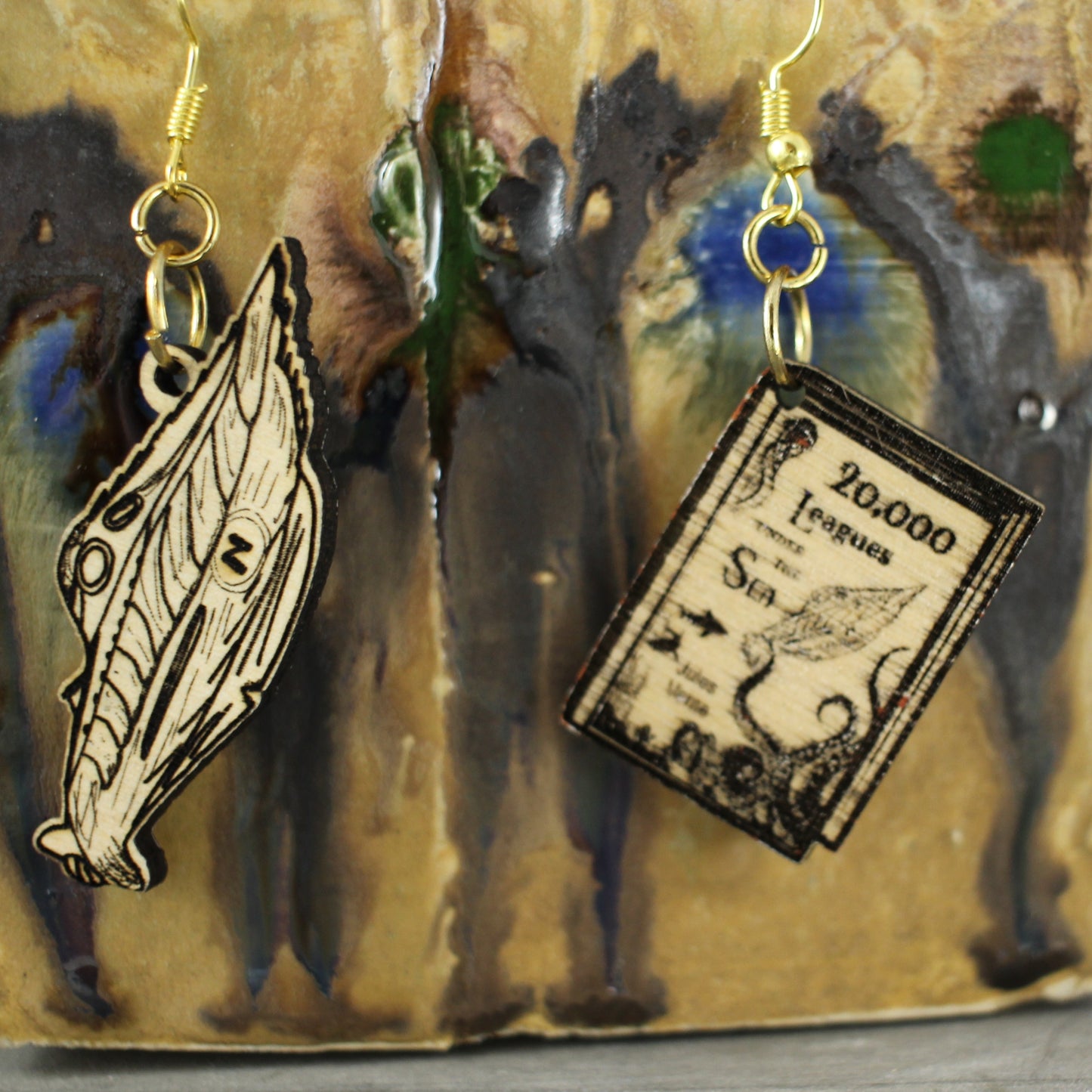 Jules Verne - 20,000 Leagues Under the Sea Wooden Book Earrings