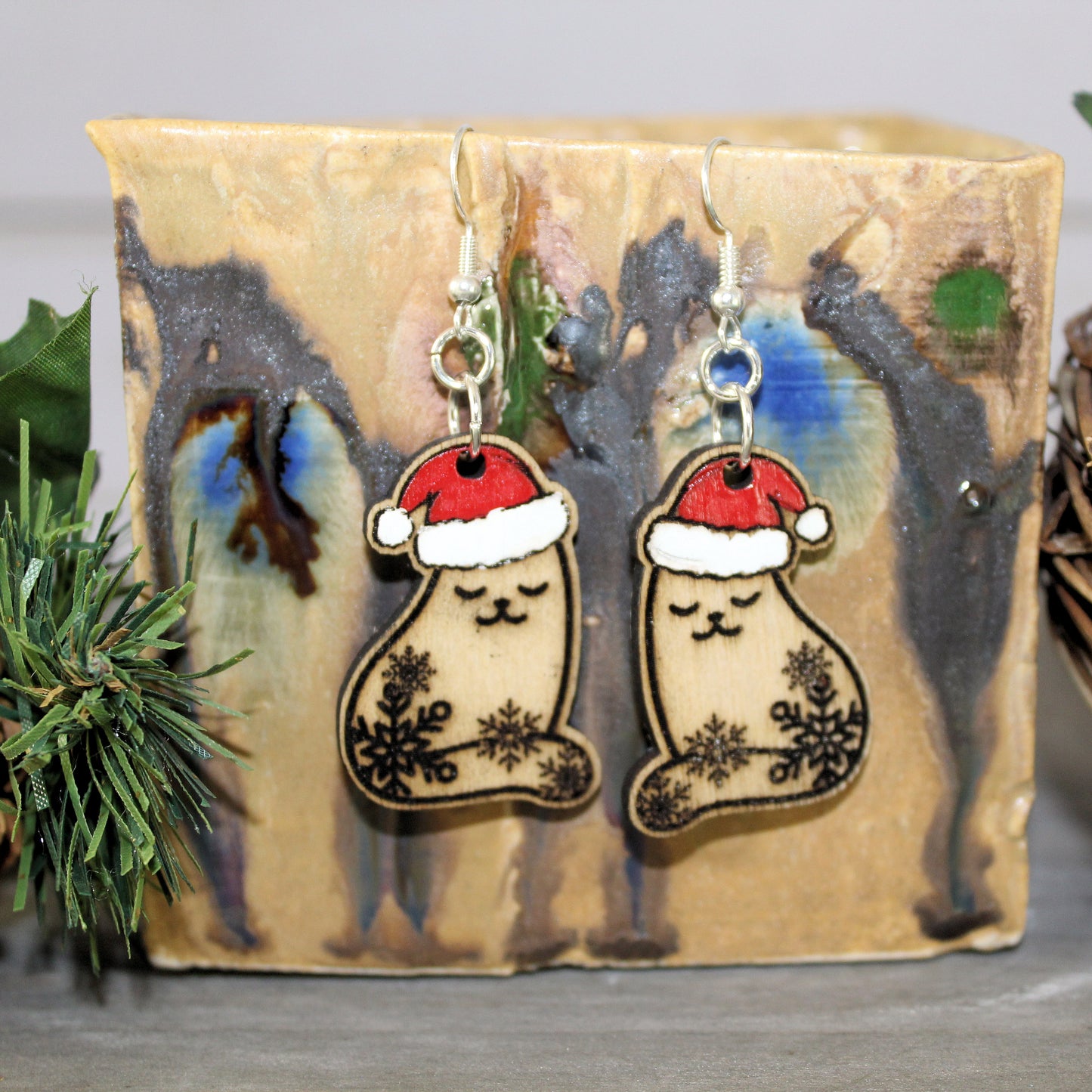 Yule Santa Cat Wooden Earring